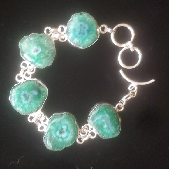 New Green Solar Slice Agate 925 Silver Bracelet. - Picture 4 of 12